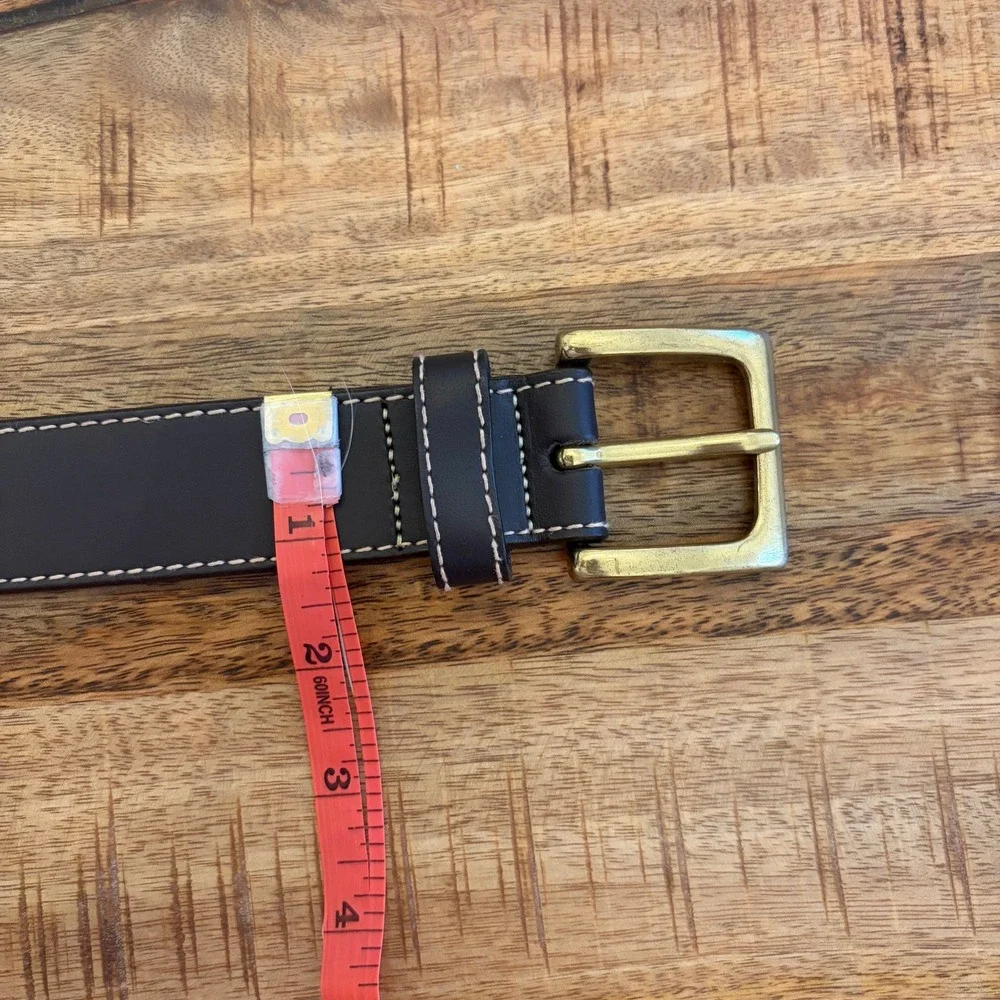 LL Bean Leather Belt Mens M 32 Dark Brown Solid Brass Contrast Stitch Made USA